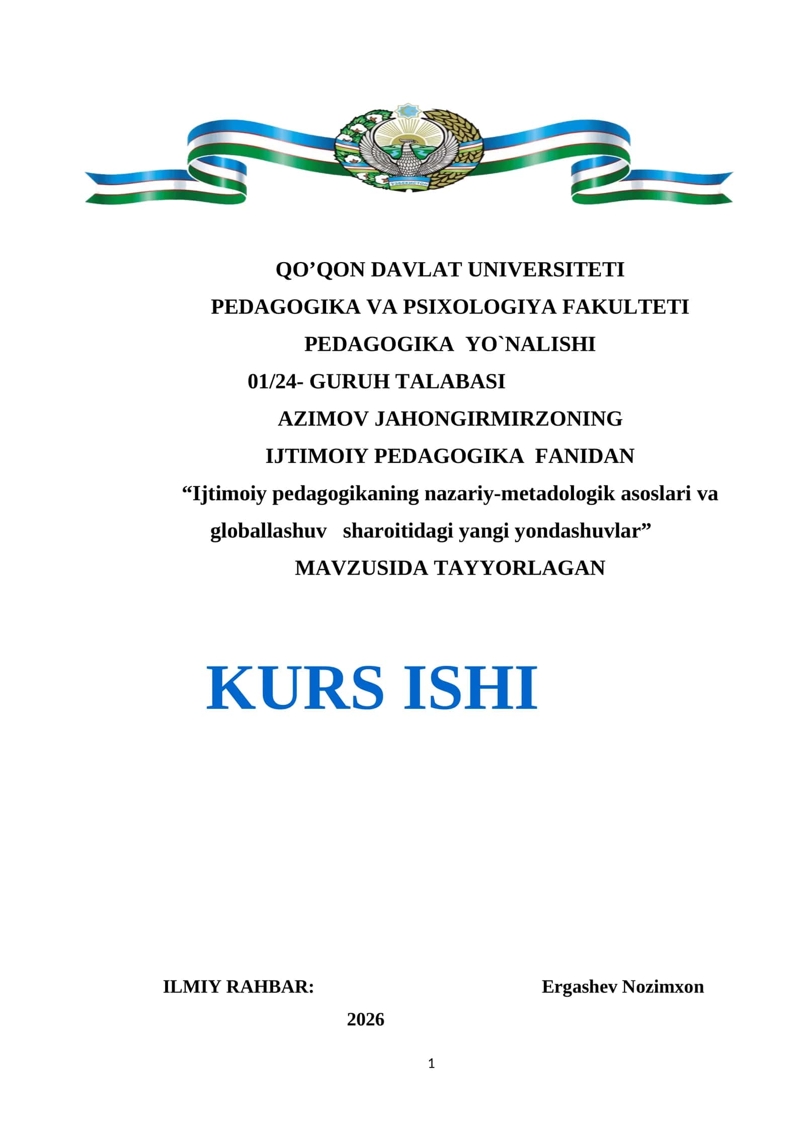 Ijtimoiy pedagogikaning nazariy-metadologik asoslari va globallashuv sharoitidagi yangi yondashuvlar 1