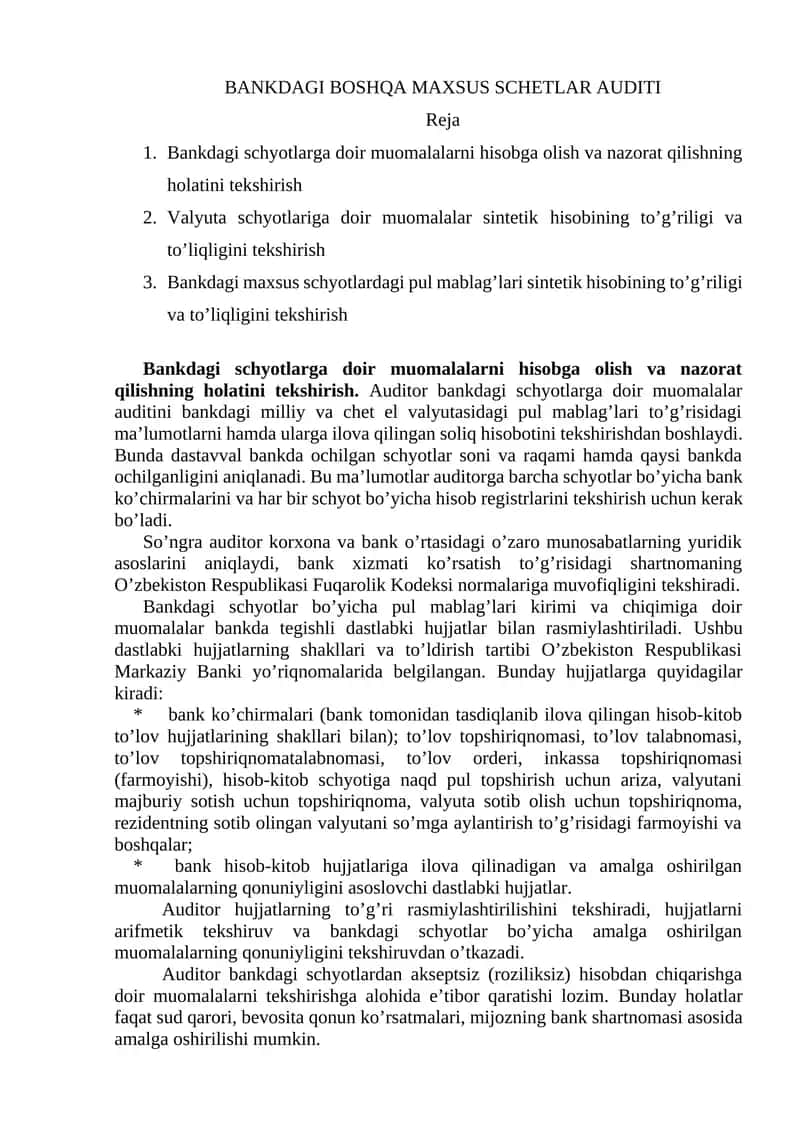 BANKDAGI BOSHQA MAXSUS SCHETLAR AUDITI 1