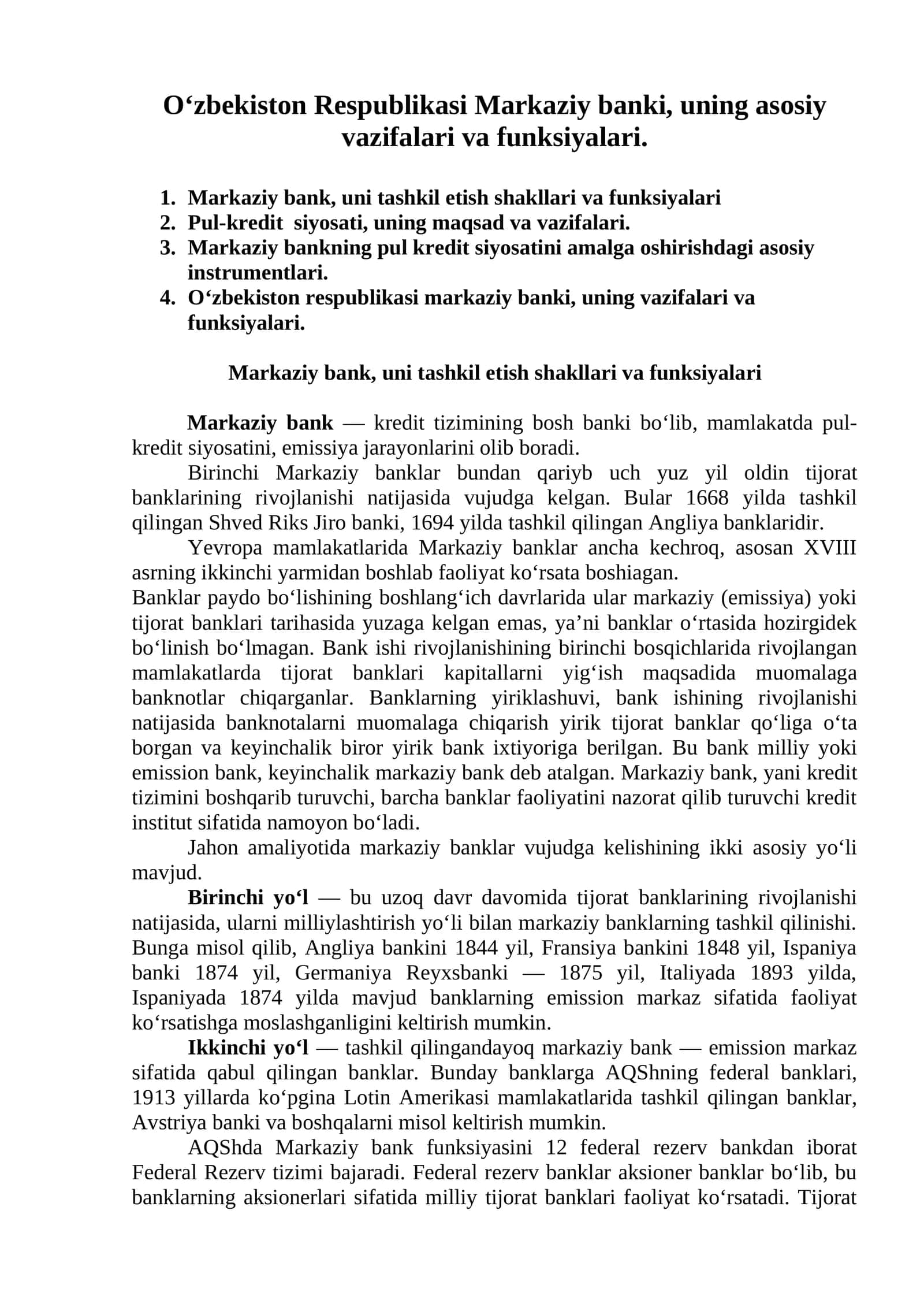 O‘zbekiston Respublikasi Markaziy banki, uning asosiy vazifalari va funksiyalari 1