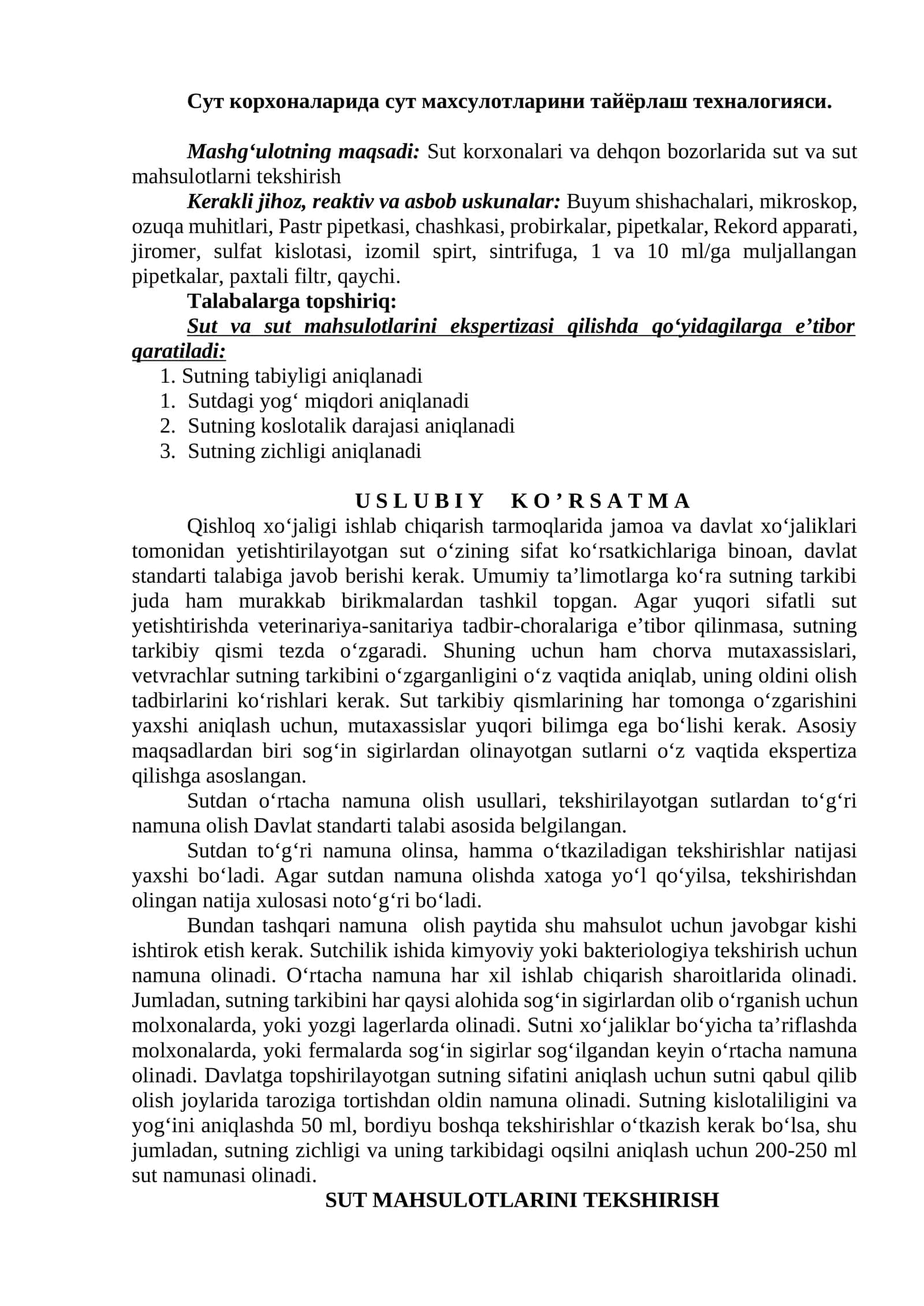 Sut korxonalari va dehqon bozorlarida sut va sut mahsulotlarni tekshirish 1