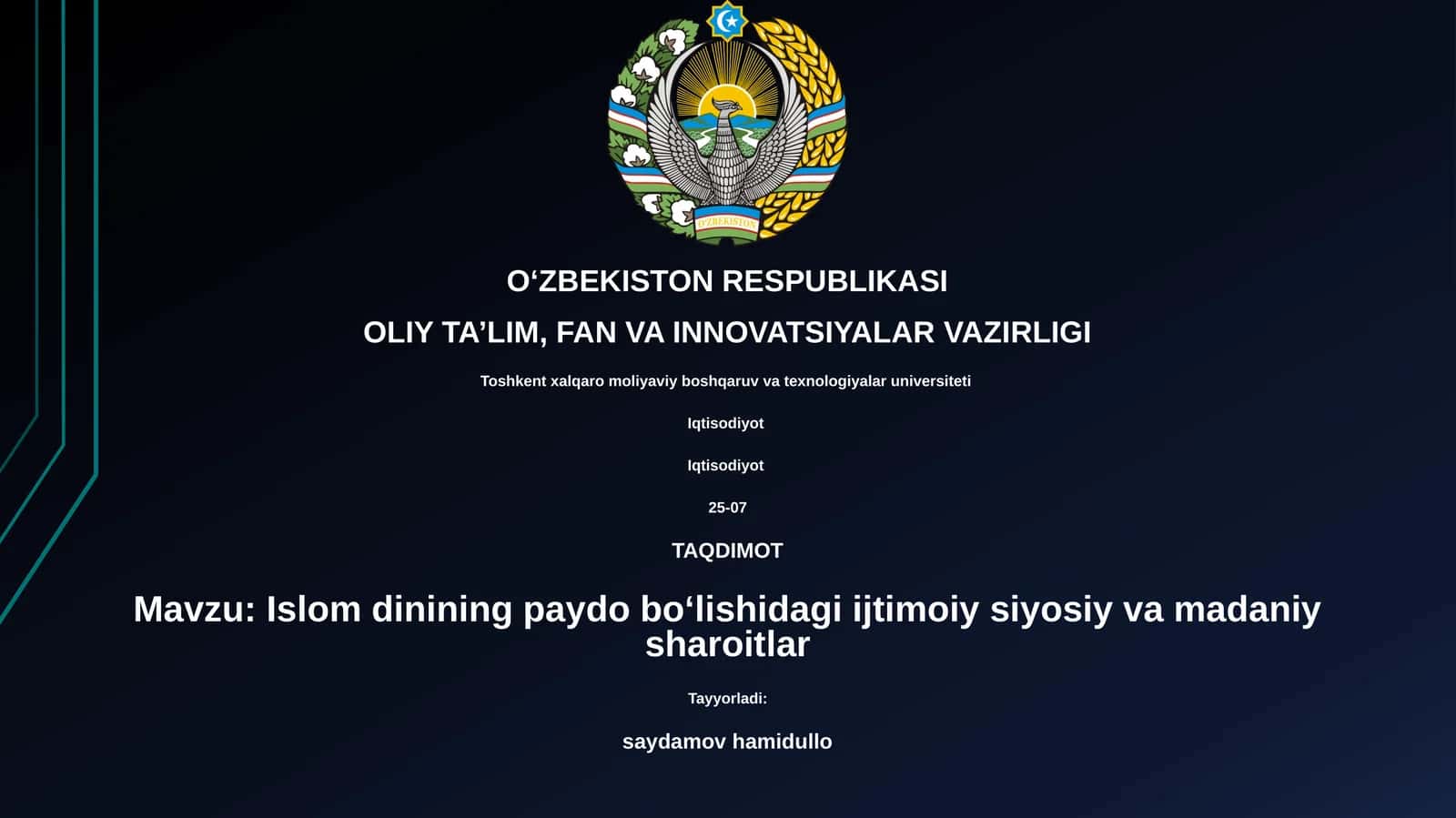 Islom dinining paydo boʻlishidagi ijtimoiy siyosiy va madaniy sharoitlar 1