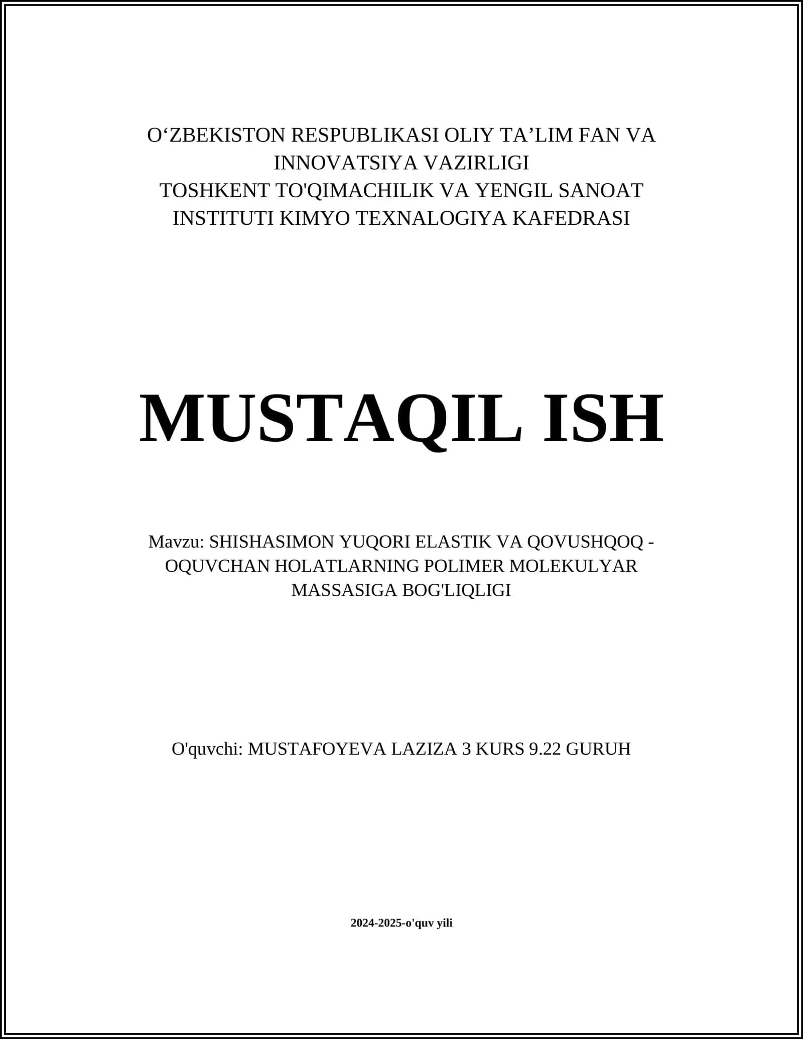SHISHASIMON YUQORI ELASTIK VA QOVUSHQOQ - OQUVCHAN HOLATLARNING POLIMER MOLEKULYAR MASSASIGA BOG'LIQLIGI 1