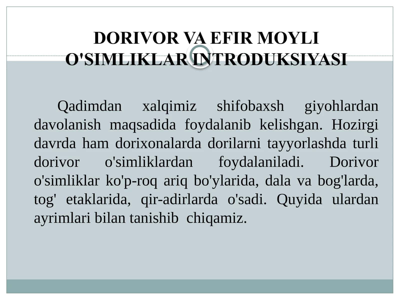 Dorivor va efir moyli o'simliklar introduksiyasi 1