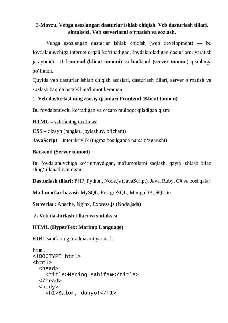 Vebga asoslangan dasturlar ishlab chiqish 1