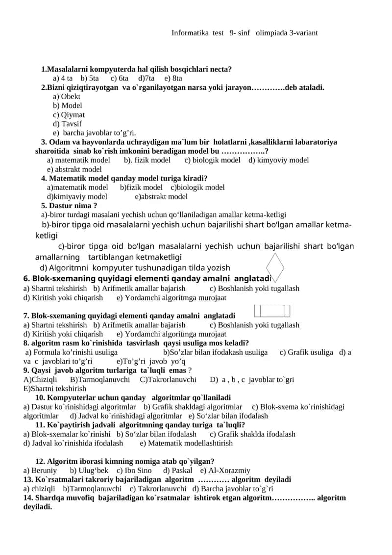 Informatika test 9- sinf olimpiada 3-variant 1