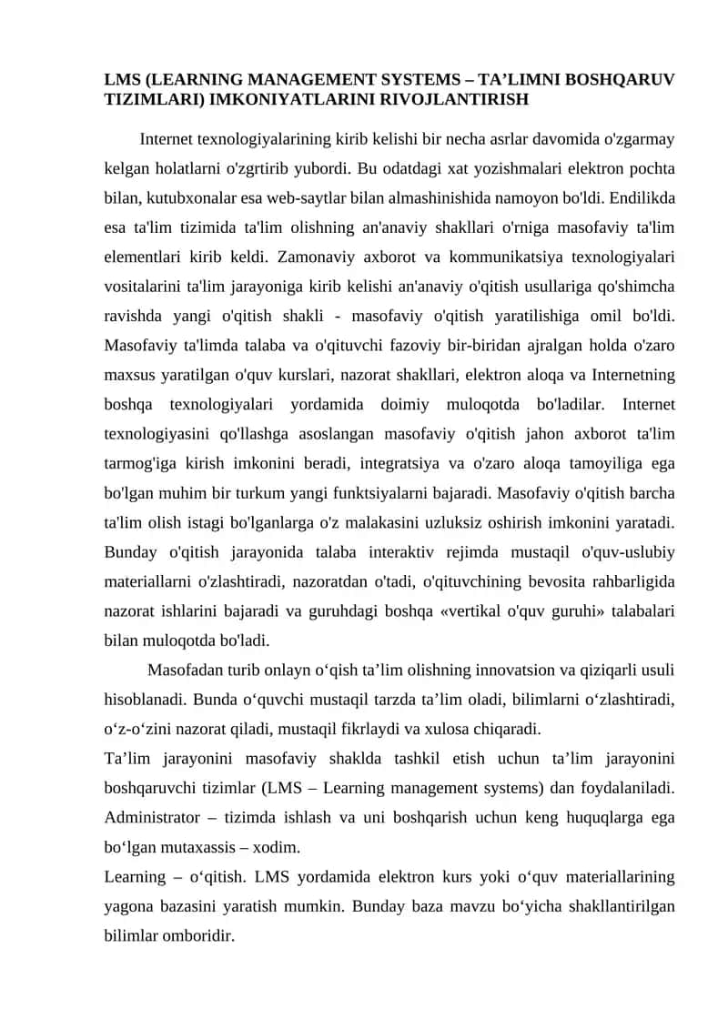 LMS (learning management systems – ta’limni boshqaruv tizimlari) imkoniyatlarini rivojlantirish 1