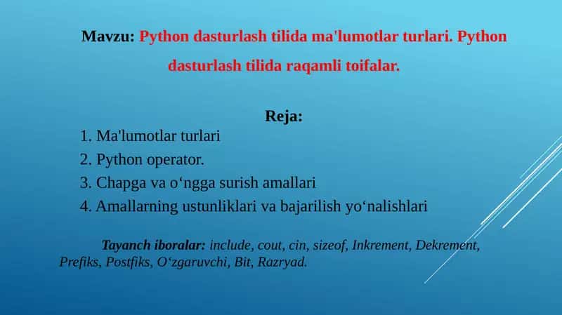 Python dasturlash tilida ma'lumotlar turlari. Python dasturlash tilida raqamli toifalar. 1