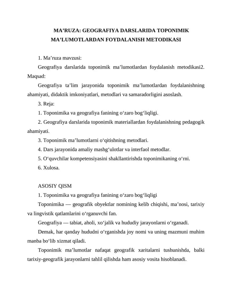 MA’RUZA: GEOGRAFIYA DARSLARIDA TOPONIMIK MA’LUMOTLARDAN FOYDALANISH METODIKASI 1