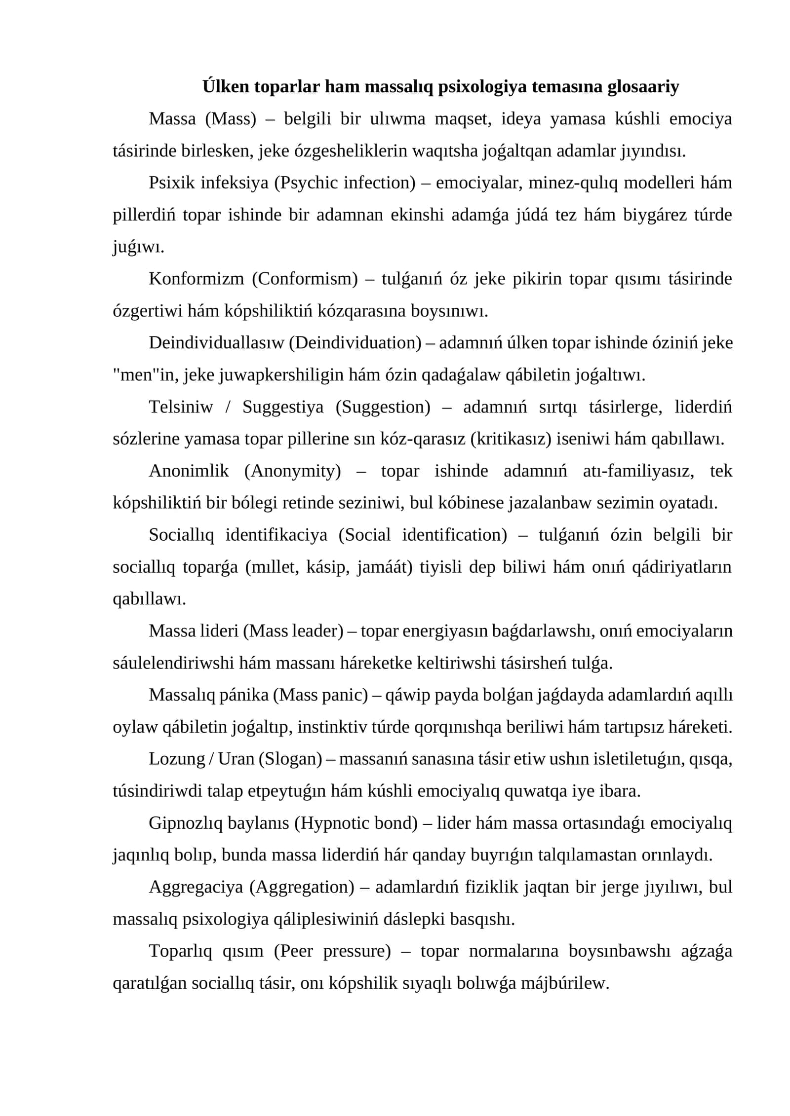 Úlken toparlar ham massalıq psixologiya temasına glosaariy 1