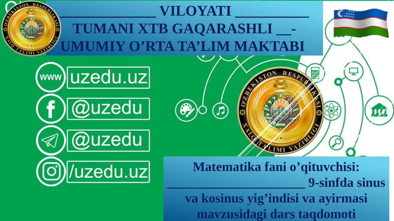 9-sinf Algebra dars ishlanma. Sinuslar, kosinuslar yig'indisi va ayirmasi 1
