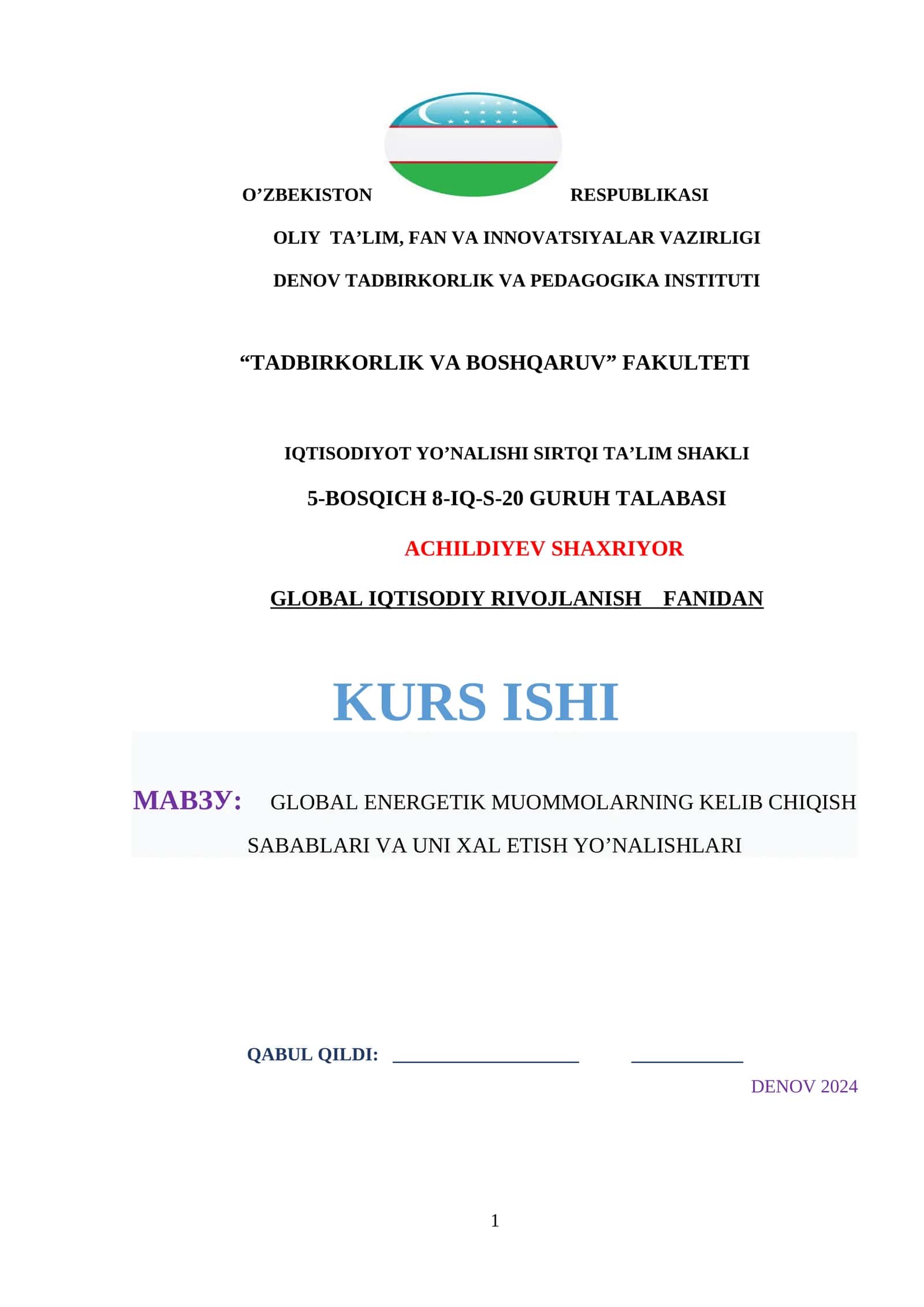 GLOBAL ENERGETIK MUOMMOLARNING KELIB CHIQISH SABABLARI VA UNI XAL ETISH YO’NALISHLARI 1