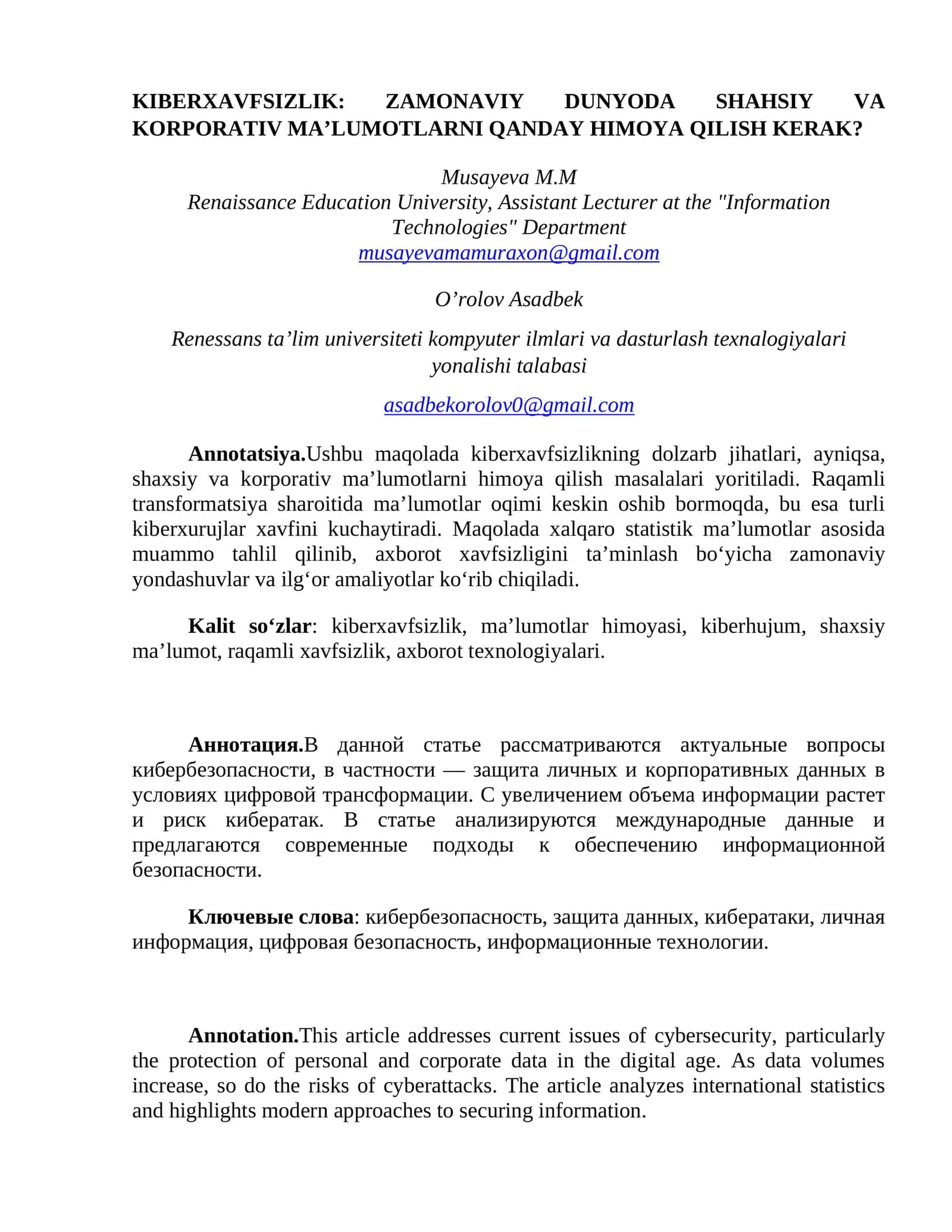 KIBERXAVFSIZLIK: ZAMONAVIY DUNYODA SHAHSIY VA KORPORATIV MA’LUMOTLARNI QANDAY HIMOYA QILISH KERAK? 1