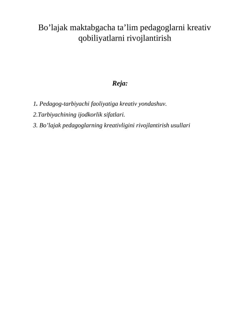 Bo’lajak maktabgacha ta’lim pedagoglarni kreativ qobiliyatlarni rivojlantirish 1