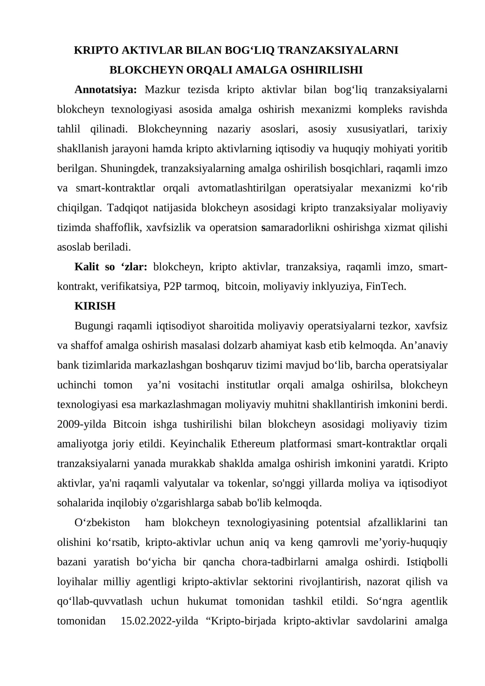 KRIPTO AKTIVLAR BILAN BOGʻLIQ TRANZAKSIYALARNI BLOKCHEYN ORQALI AMALGA OSHIRILISHI 1