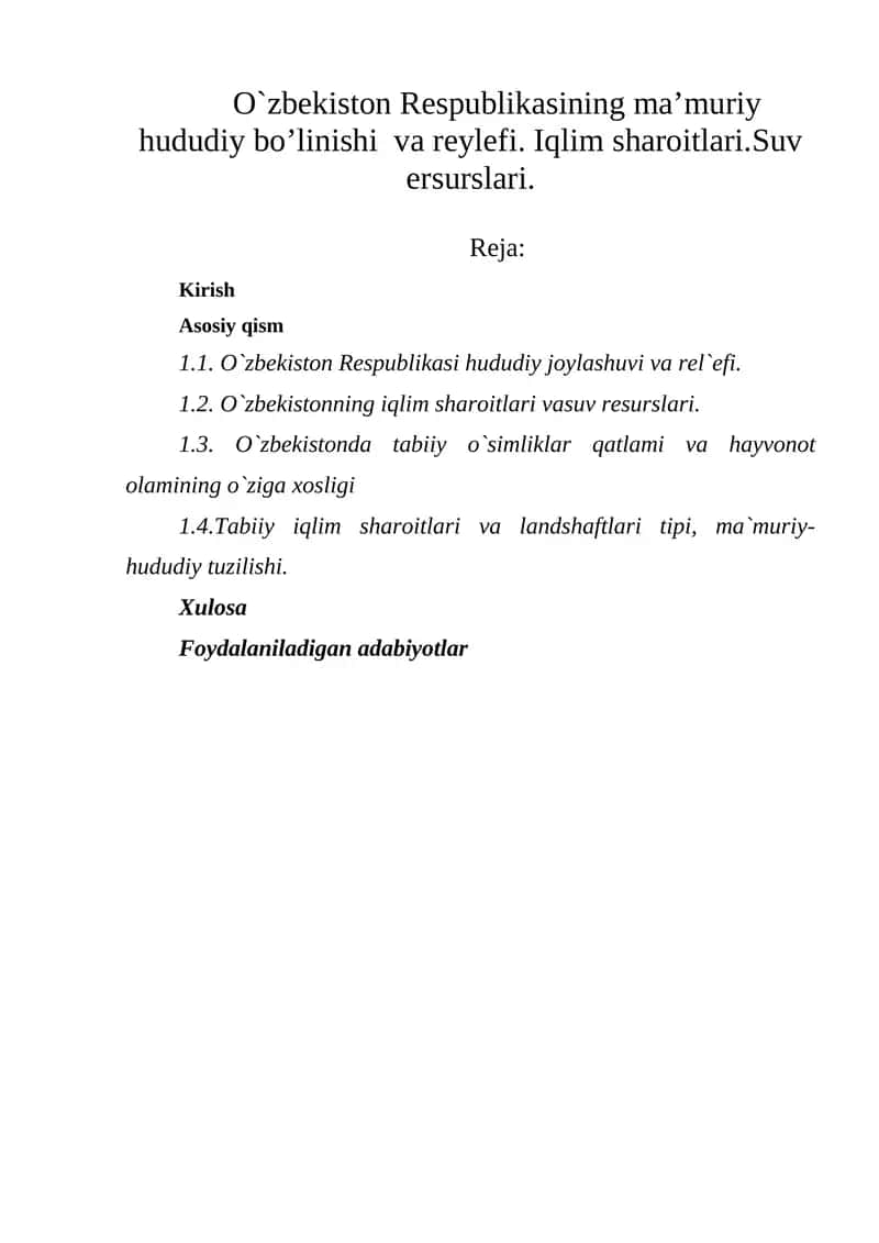 O`zbekiston Respublikasining ma’muriy hududiy bo’linishi va reylefi 1