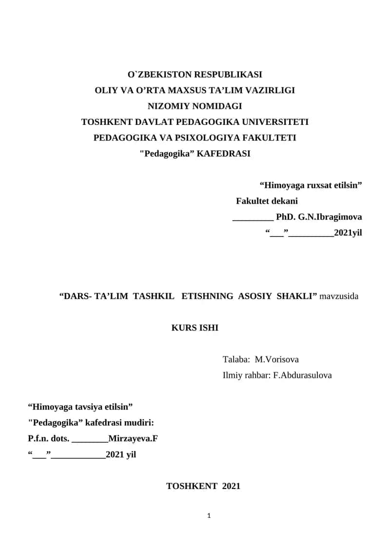 Dars- Ta'lim Tashkil Etishning Asosiy Shakli 1