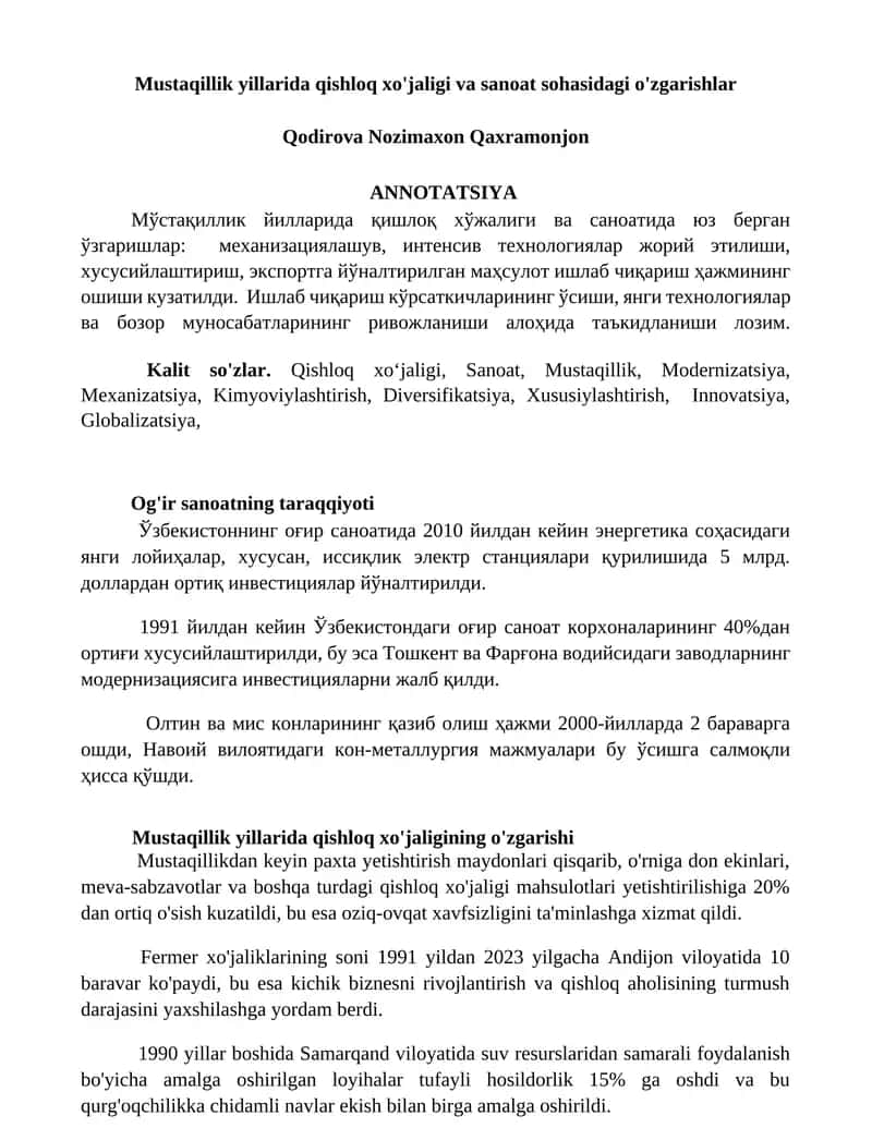 Mustaqillik yillarida qishloq xo'jaligi va sanoat sohasidagi o'zgarishlar 1