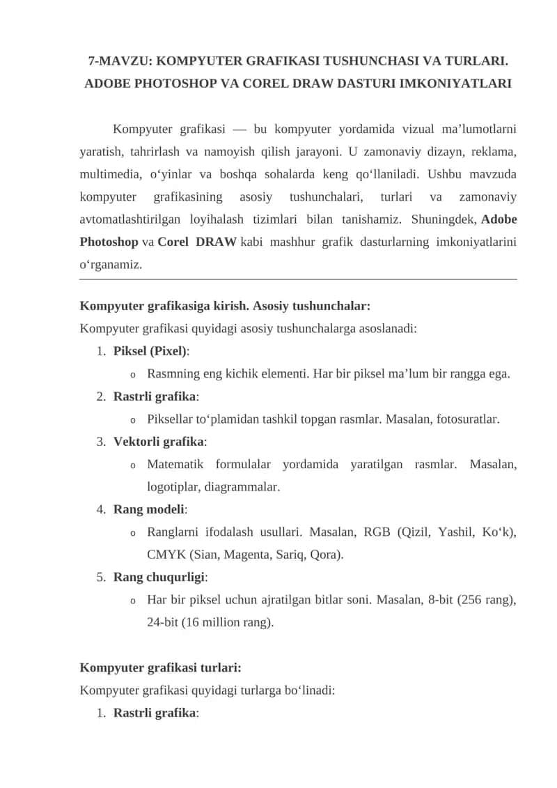 KOMPYUTER GRAFIKASI TUSHUNCHASI VA TURLARI. ADOBE PHOTOSHOP VA COREL DRAW DASTURI IMKONIYATLARI 1