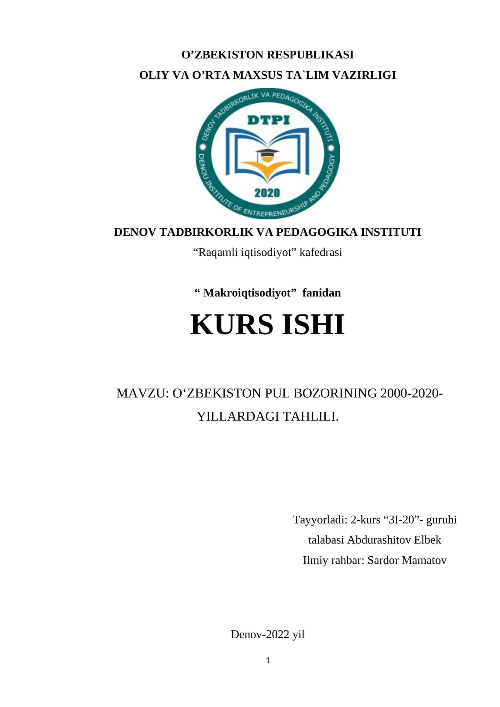O‘ZBEKISTON PUL BOZORINING 2000-2020- YILLARDAGI TAHLILI 1