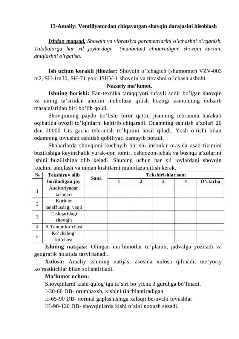 13-Amaliy: Ventillyatordan chiqayotgan shovqin darajasini hisoblash 1