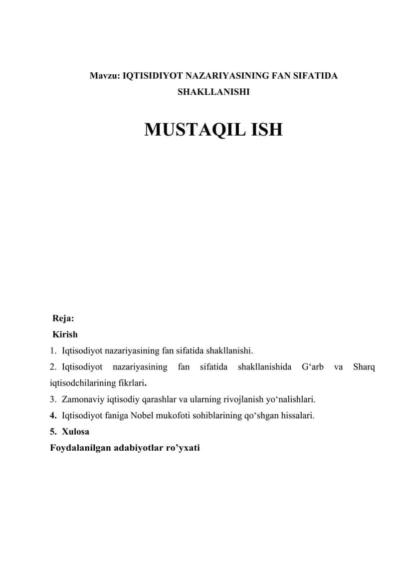 IQTISIDIYOT NAZARIYASINING FAN SIFATIDA SHAKLLANISHI MUSTAQIL ISH 1