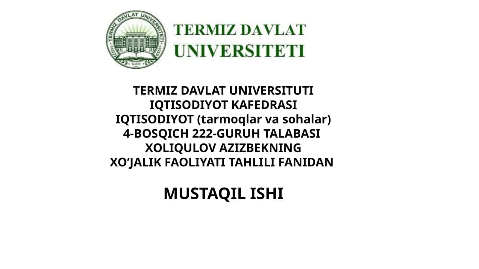 Xo‘jalik faoliyati tahlili fanidan REJA 1