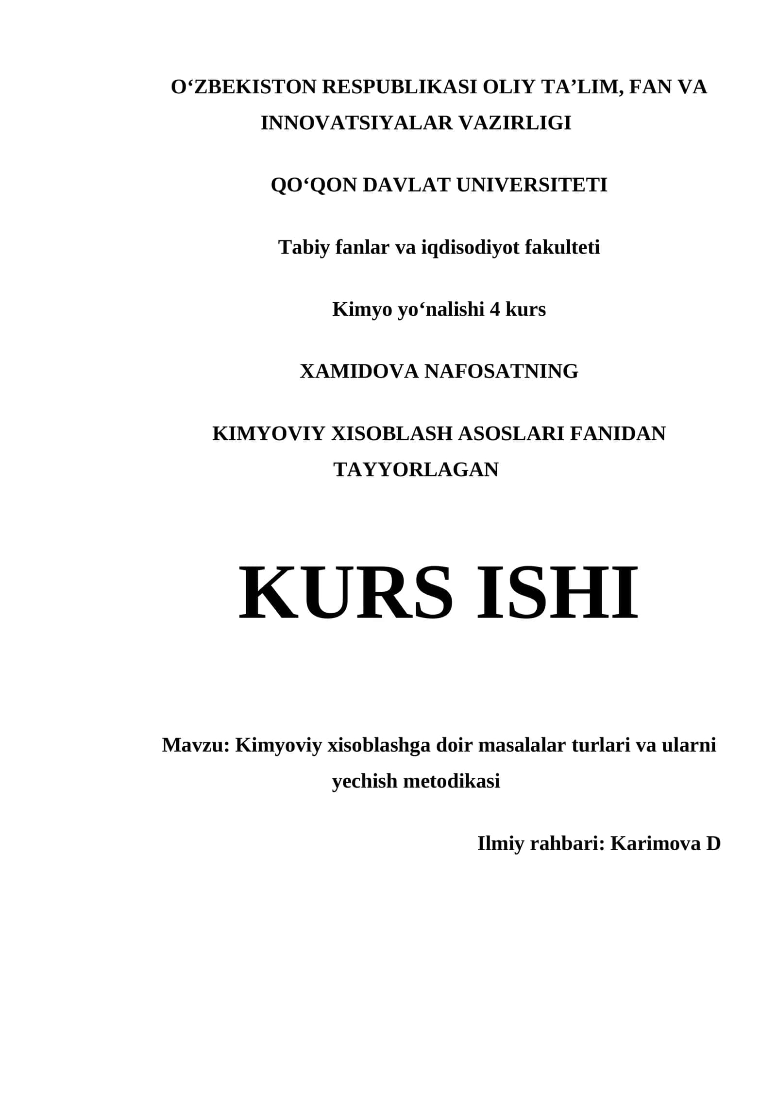 Kimyoviy xisoblashga doir masalalar turlari va ularni yechish metodikasi 1
