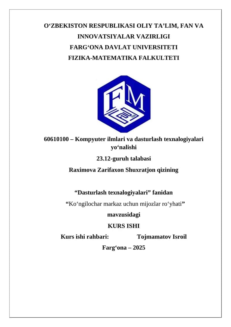Ko‘ngilochar markaz uchun mijozlar ro‘yhati 1