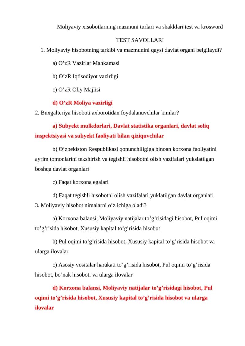 Moliyaviy xisobotlarning mazmuni turlari va shakklari test va krosword 1
