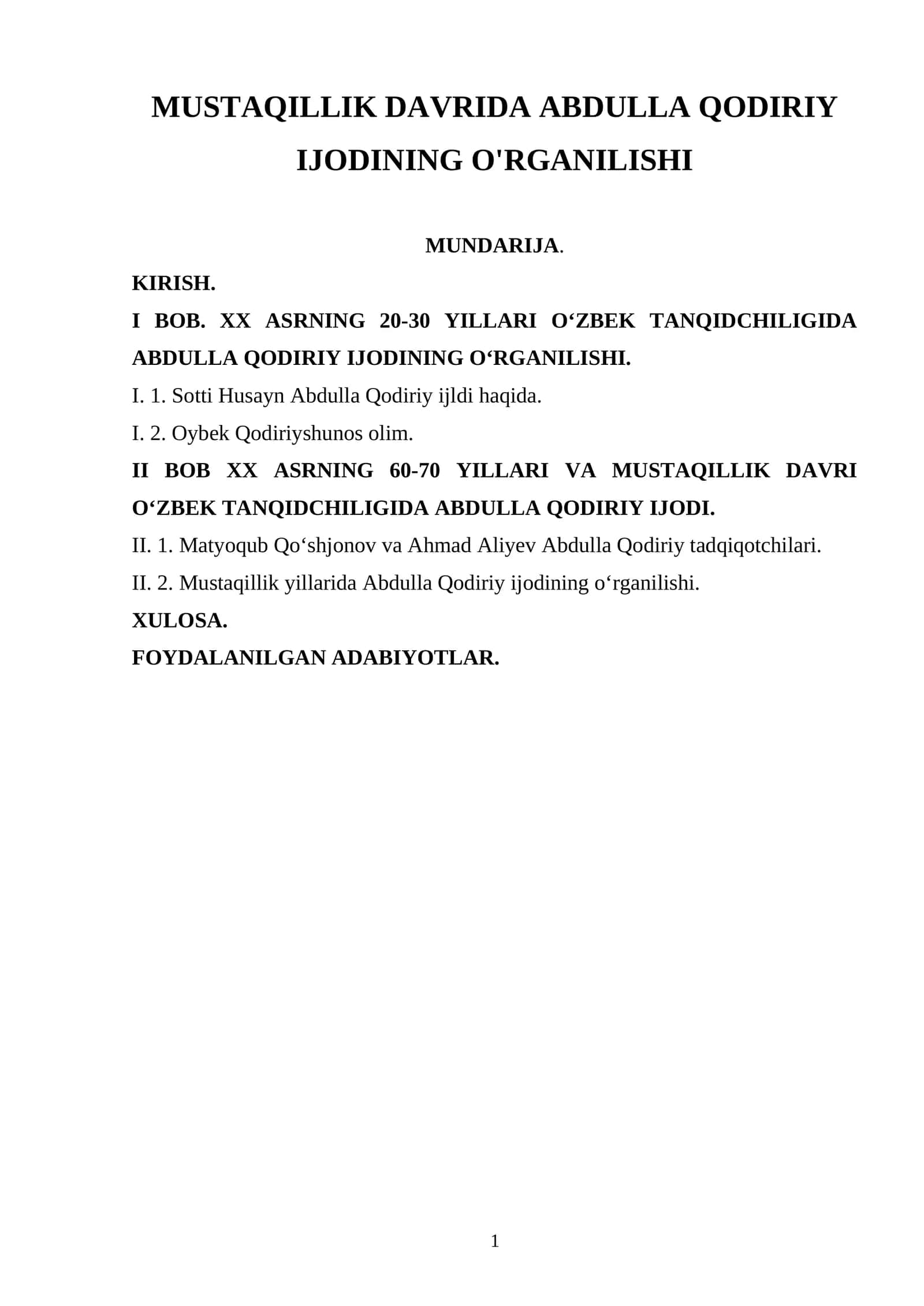 MUSTAQILLIK DAVRIDA ABDULLA QODIRIY IJODINING O'RGANILISHI 1