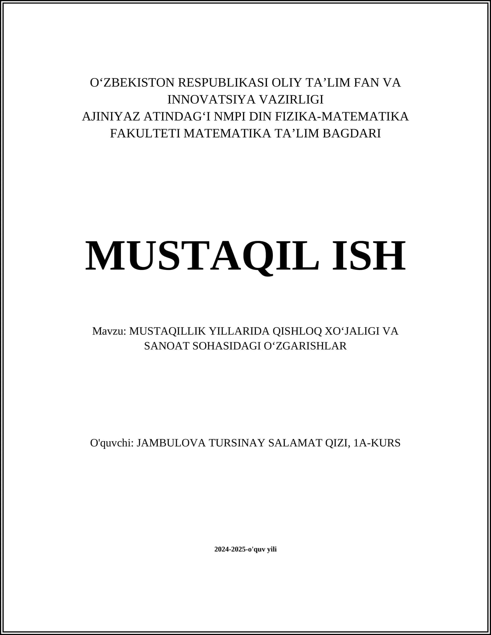 MUSTAQILLIK YILLARIDA QISHLOQ XOʻJALIGI VA SANOAT SOHASIDAGI OʻZGARISHLAR 1