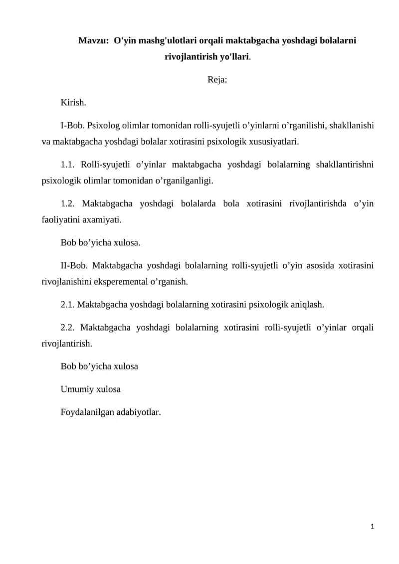 O'yin mashg'ulotlari orqali maktabgacha yoshdagi bolalarni rivojlantirish yo'llari 1