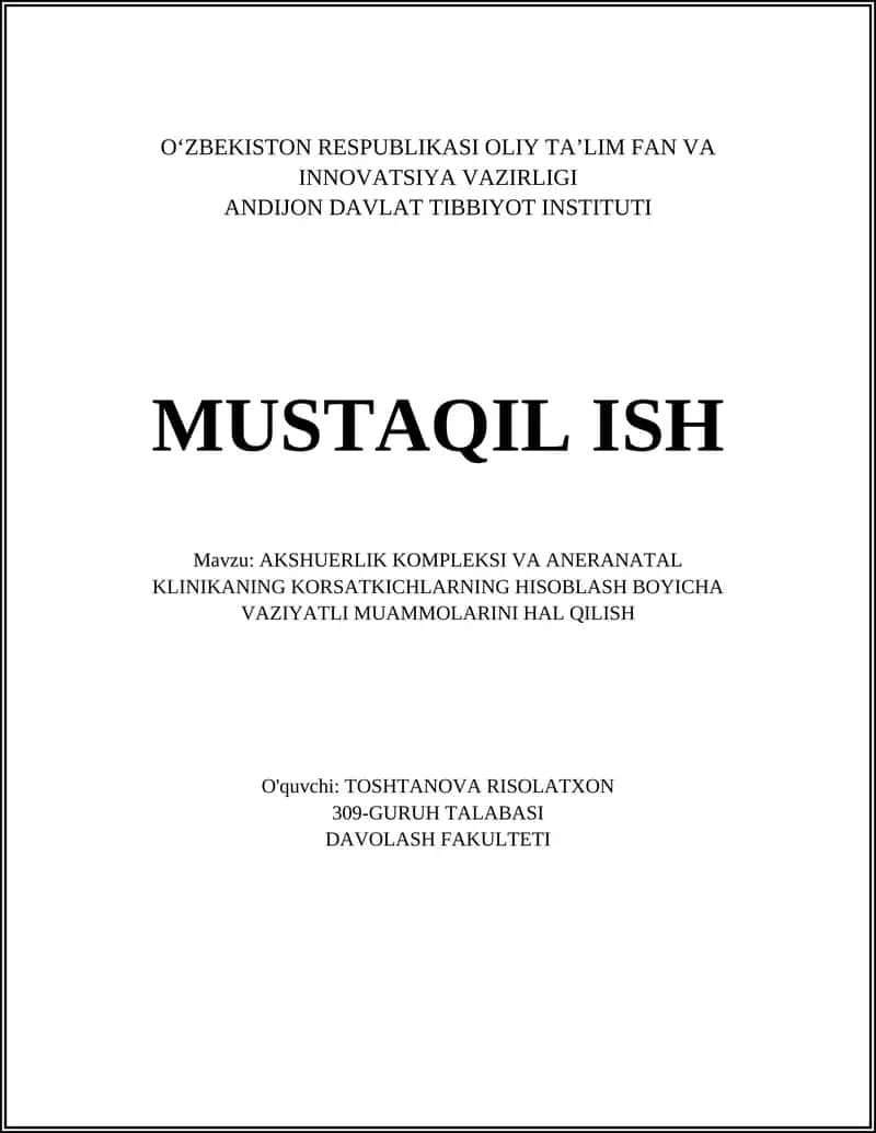 Perinatal o'lim ko'rsatkichlarini hisoblash bo'yicha vaziyatli muammolarini hal qilish 1