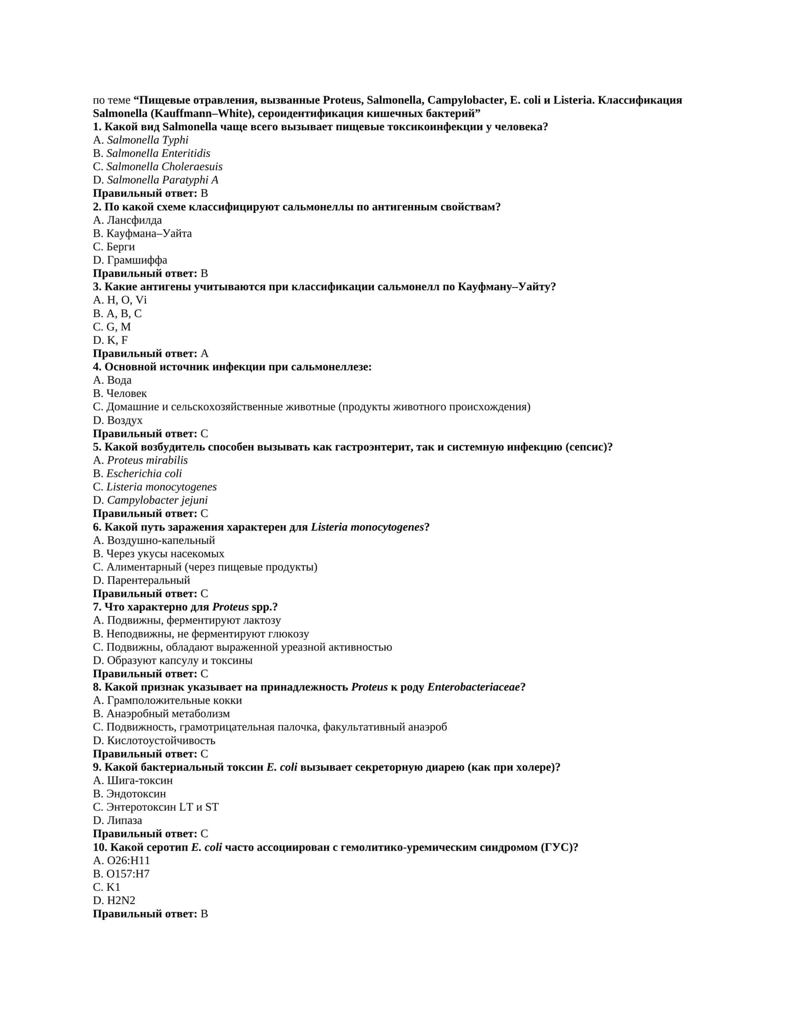 Пищевые отравления, вызванные Proteus, Salmonella, Campylobacter, E. coli и Listeria. Классификация Salmonella (Kauffmann–White), серои идентификация кишечных бактерий 1