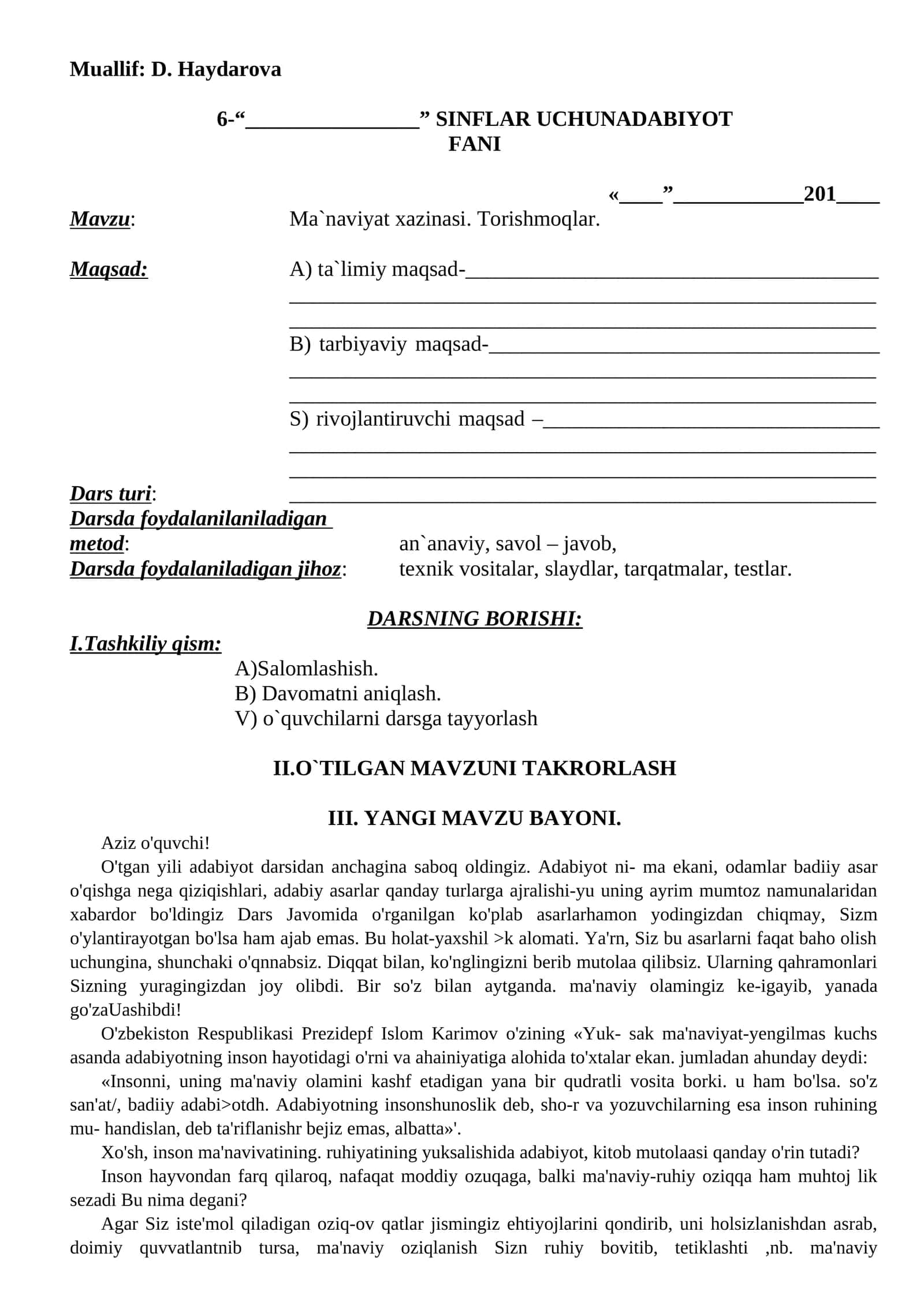 6-Sinf Adabiyot Fanidan Kompetensiyaviy Yillik Dars Ishlanmalar To‘plami 1
