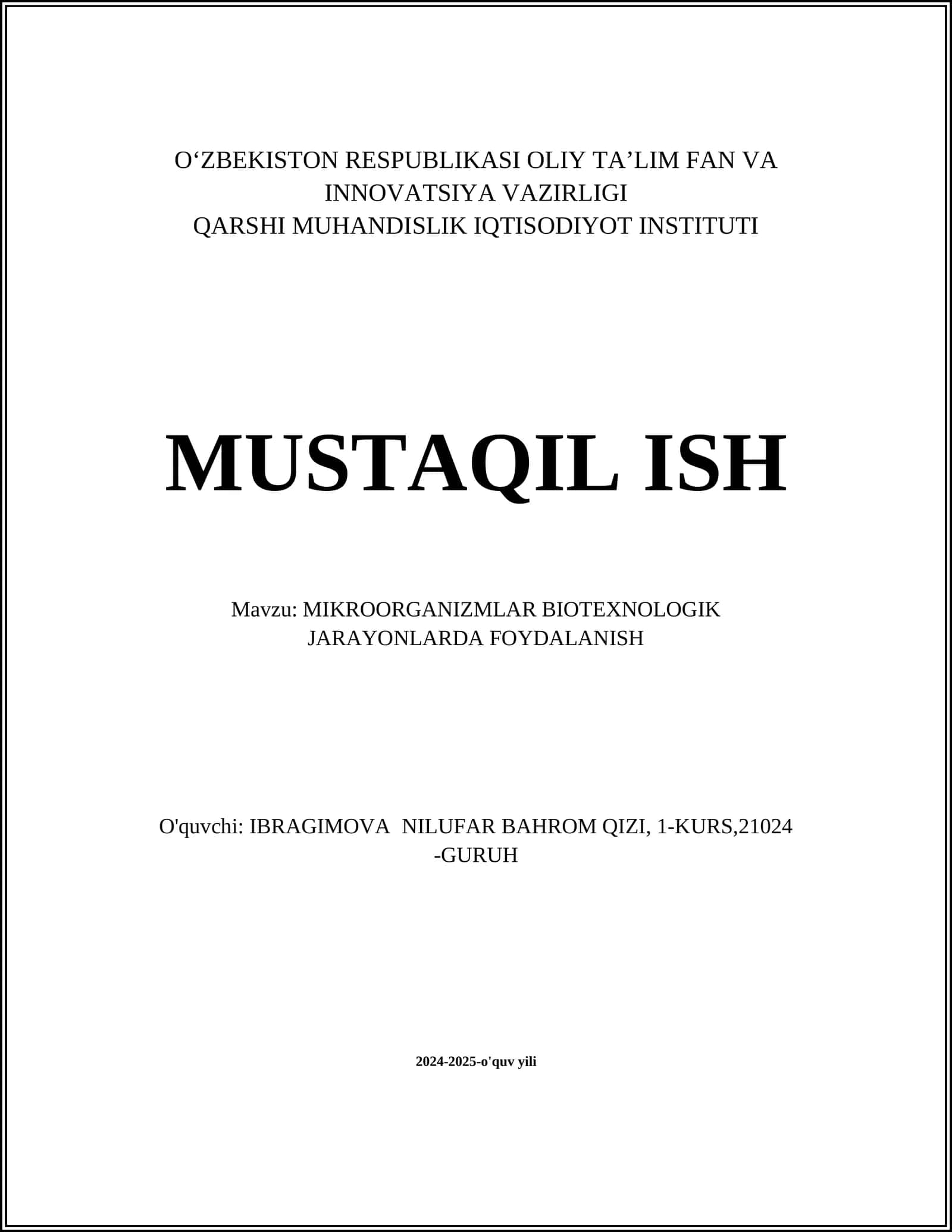 MIKROORGANIZMLAR BIOTEXNOLOGIK JARAYONLARDA FOYDALANISH 1