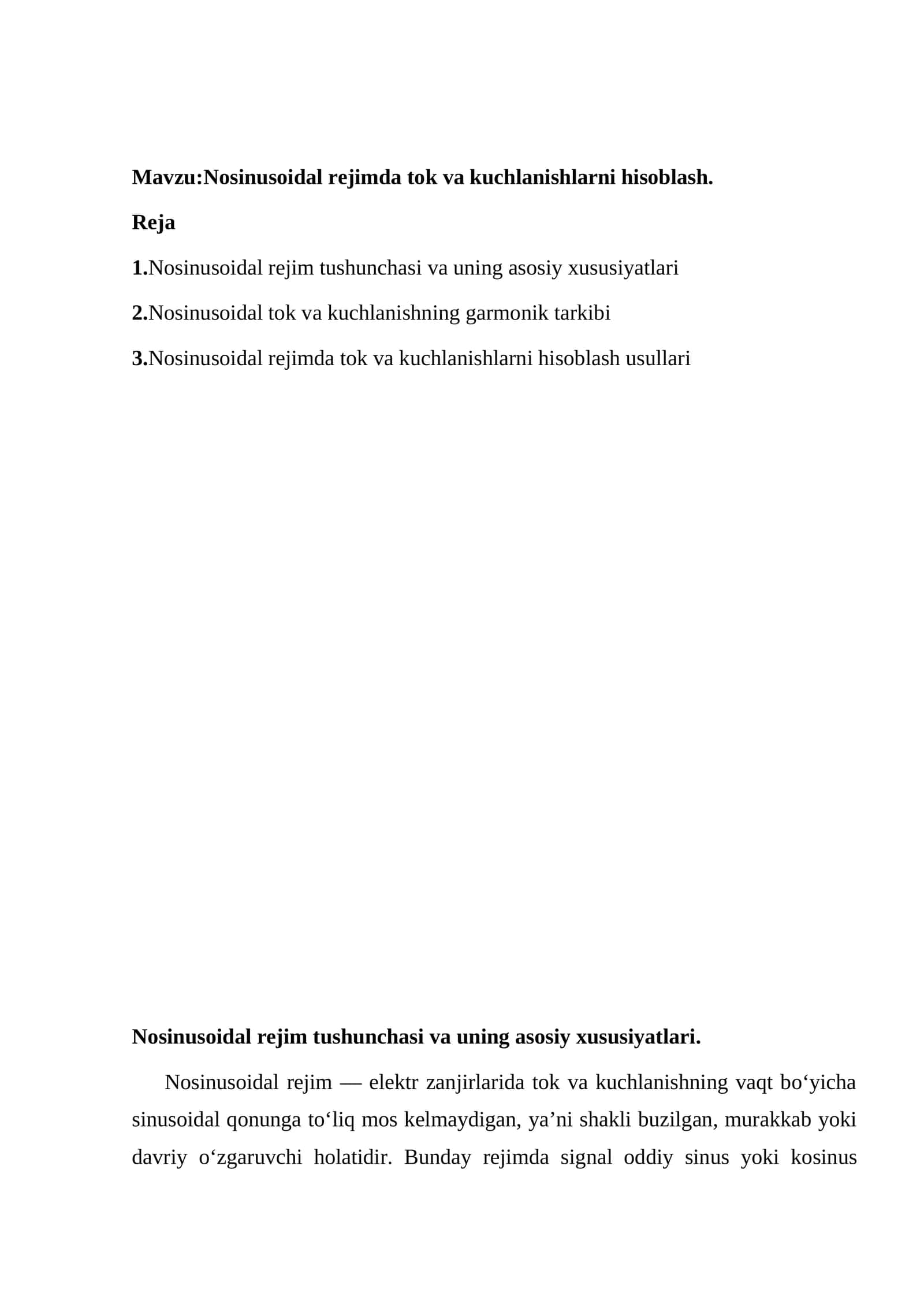 Nosinusoidal rejimda tok va kuchlanishlarni hisoblash 1