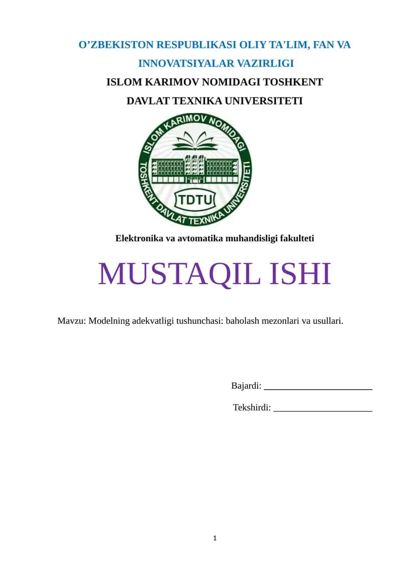 Modelning adekvatligi tushunchasi: baholash mezonlari va usullari 1