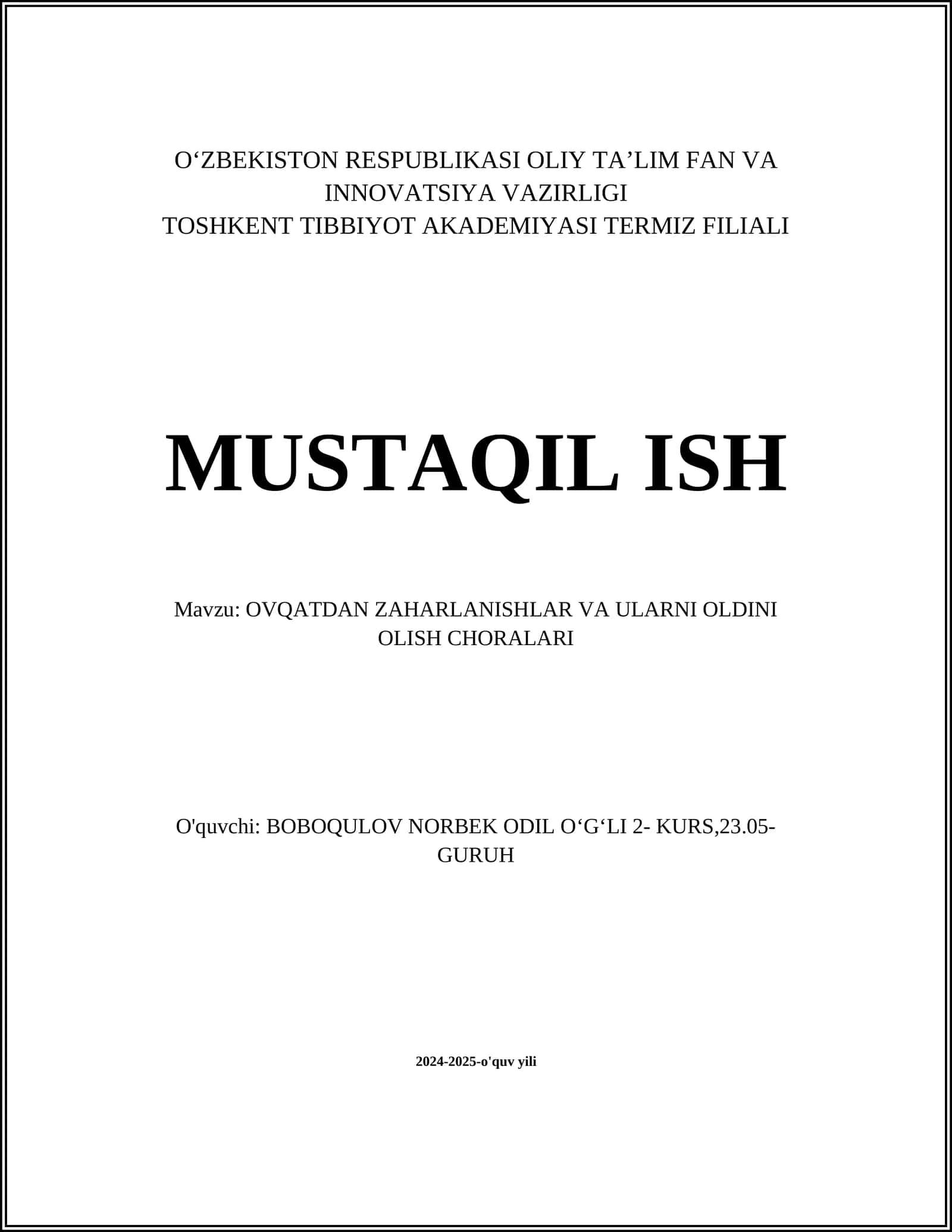 OVQATDAN ZAHARLANISHLAR VA ULARNI OLDINI OLISH CHORALARI 1