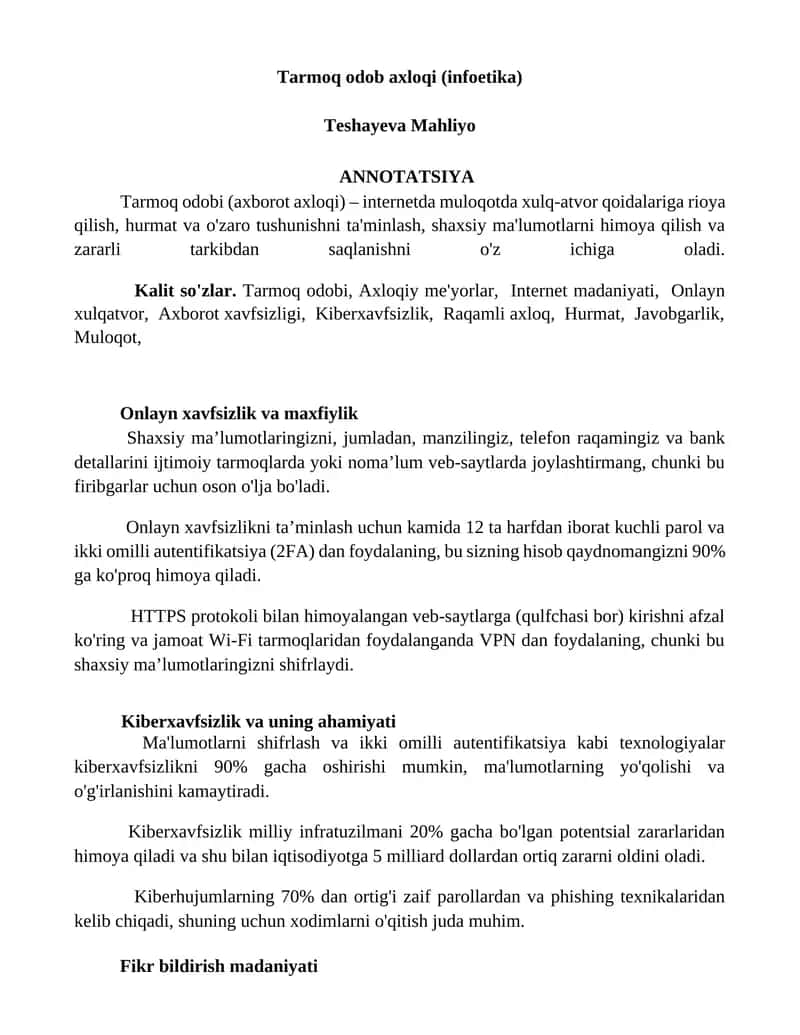 Tarmoq odob axloqi (infoetika) 1