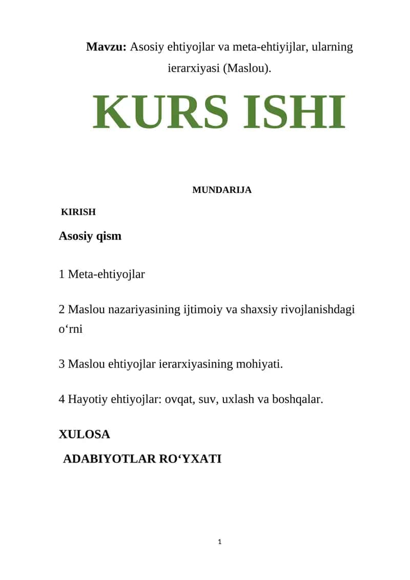 Maslouning Ehtiyojlar Nazariyasi 1