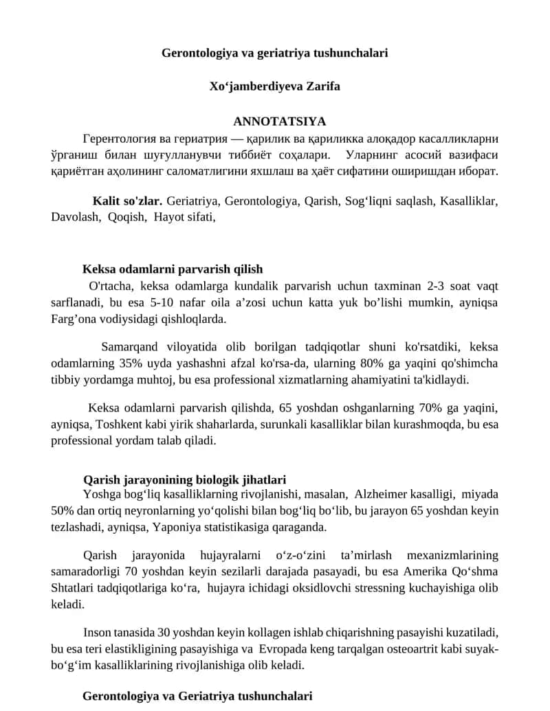 Gerontologiya va geriatriya tushunchalari 1
