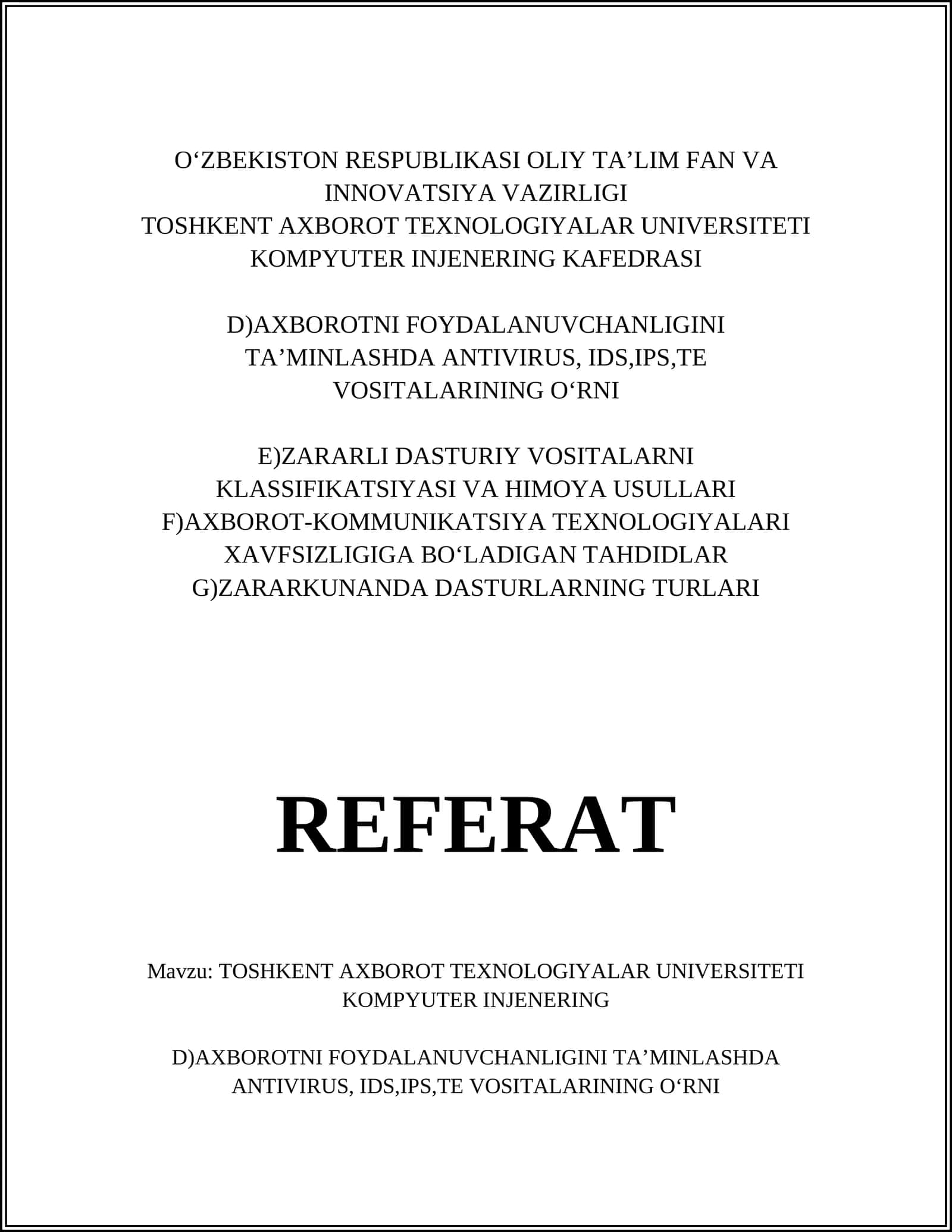 TOSHKENT AXBOROT TEXNOLOGIYALAR UNIVERSITETI KOMPYUTER INJENERING 1