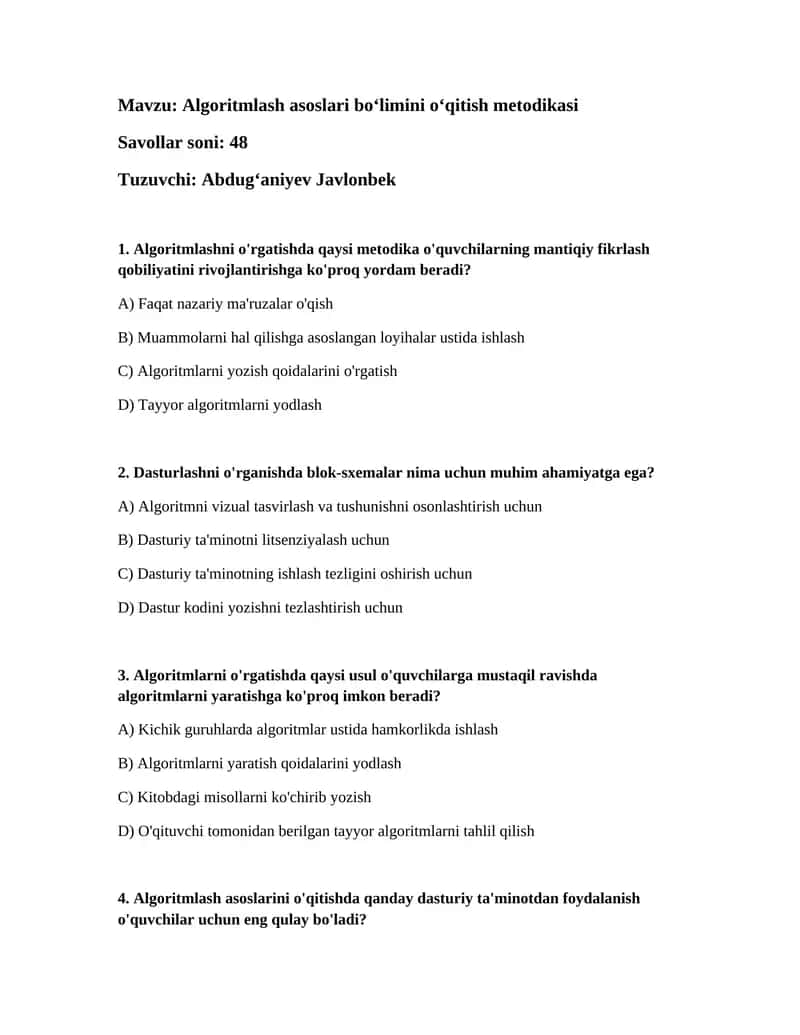 Algoritmlash asoslari bo‘limini o‘qitish metodikasi 1