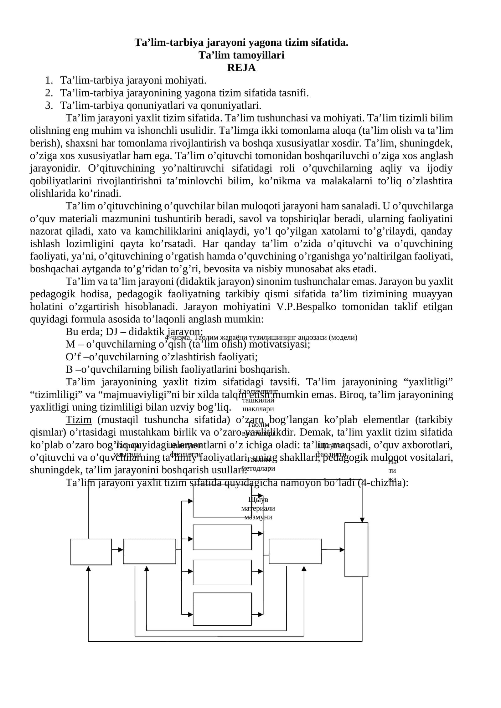 Ta’lim-tarbiya jarayoni yagona tizim sifatida. Ta’lim tamoyillari 1