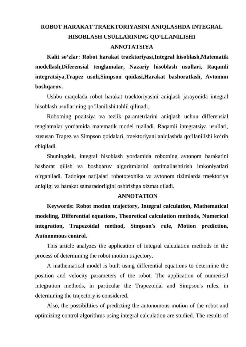 ROBOT HARAKAT TRAEKTORIYASINI ANIQLASHDA INTEGRAL HISOBLASH USULLARINING QO‘LLANILISHI 1