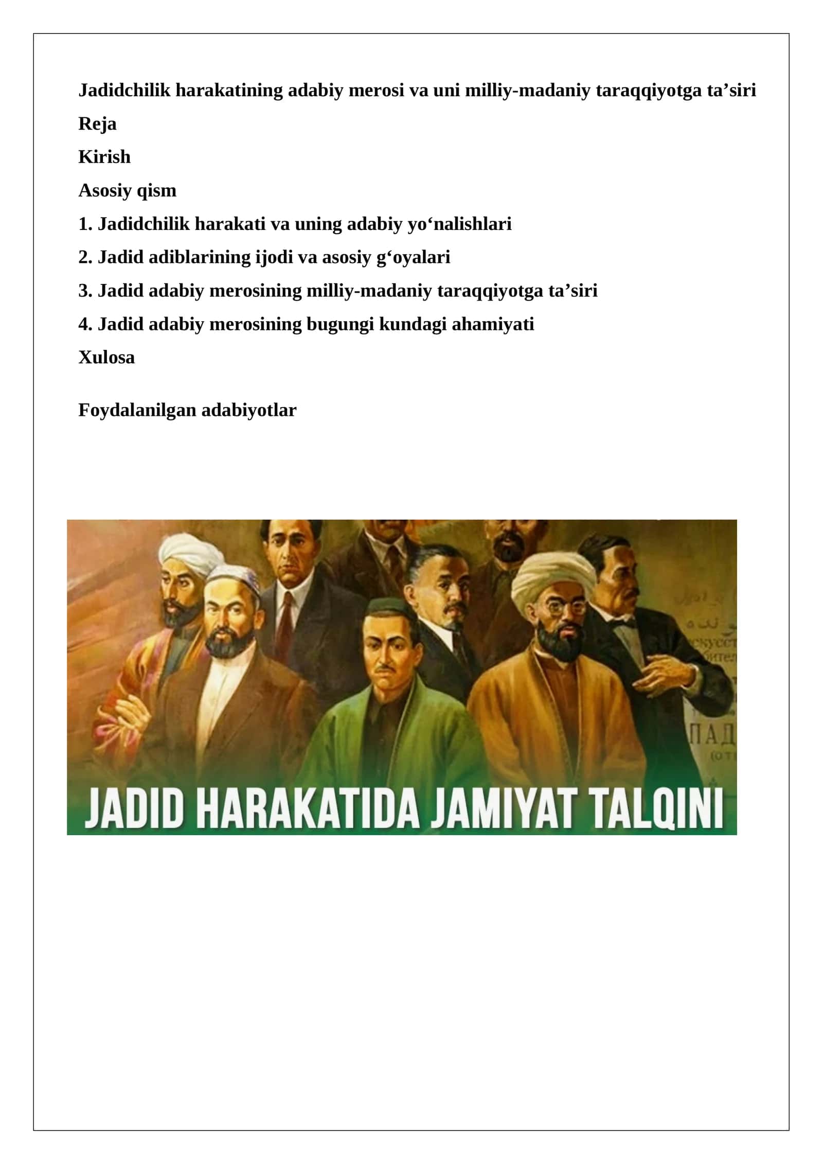 Jadidchilik harakatining adabiy merosi va uni milliy-madaniy taraqqiyotga ta’siri 1