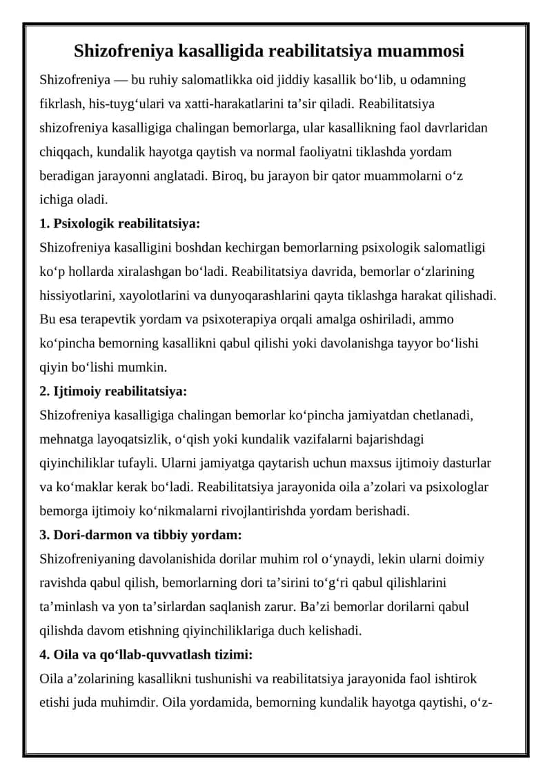 Shizofreniya kasalligida reabilitatsiya muammosi 1