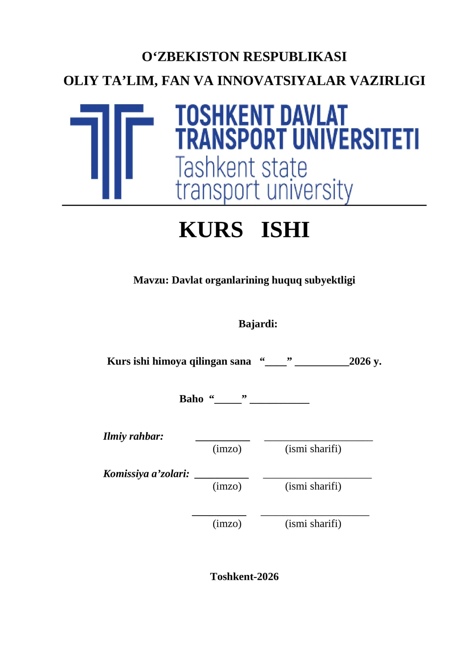 Davlat organlarining huquq subyektligi kurs ishi 1