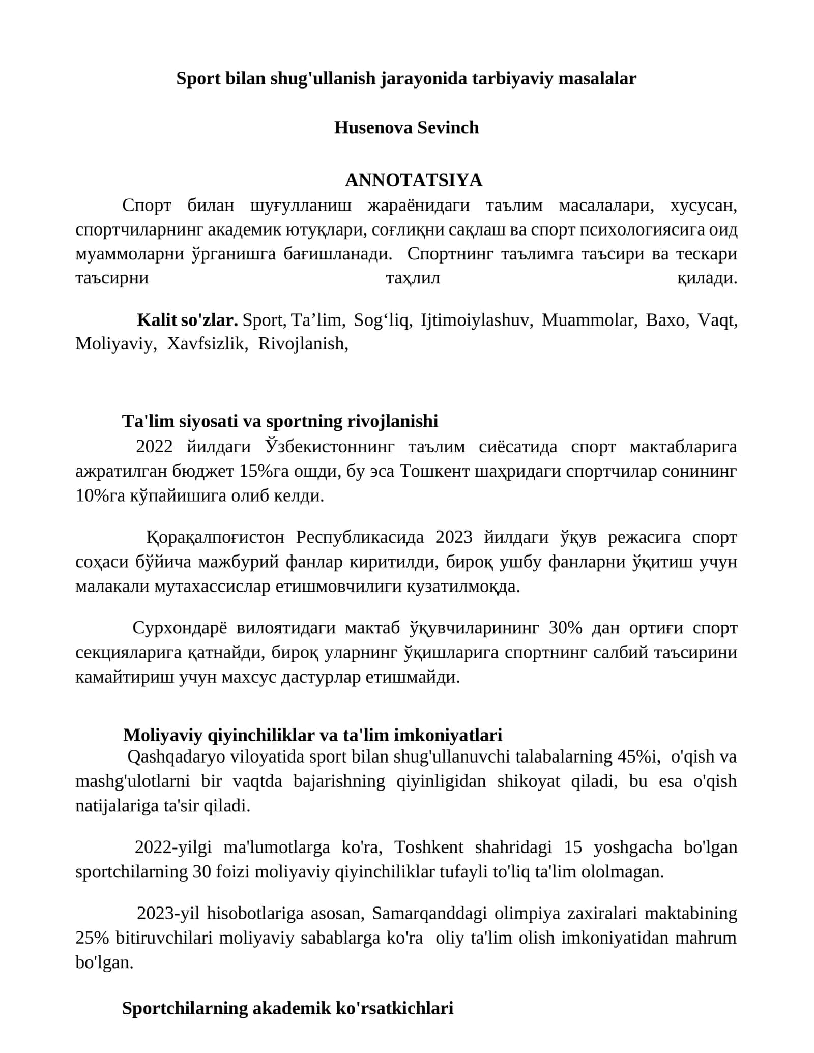 Sport bilan shug'ullanish jarayonida tarbiyaviy masalalar 1